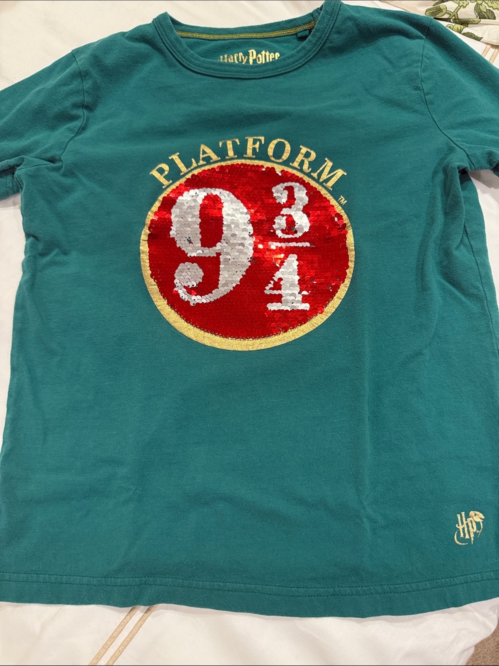 Mini Boden Teal Short Sleeve Tee with Red & White Sequin Platform 9 3/4 Motif